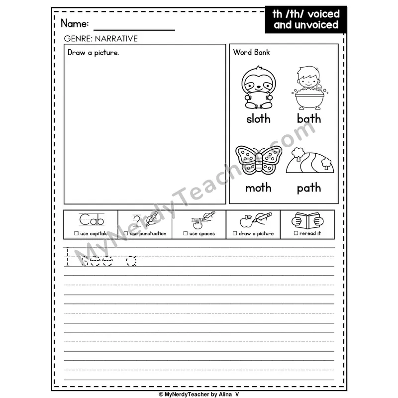 Digraph TH (Voiced and Unvoiced) Writing Worksheet — Narrative Writing Prompt