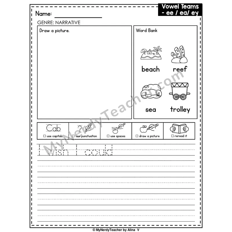 Vowel Teams EE, EA, EY Writing Worksheet — Narrative Writing Prompt