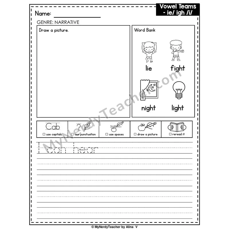 Vowel Teams IE and IGH Writing Worksheet — Narrative Writing Prompt