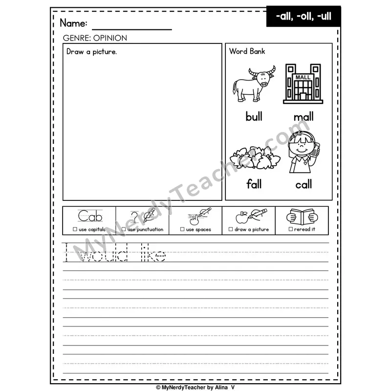 Glued Sounds -all, -oll, -ull Writing Worksheet — Opinion Writing Prompt