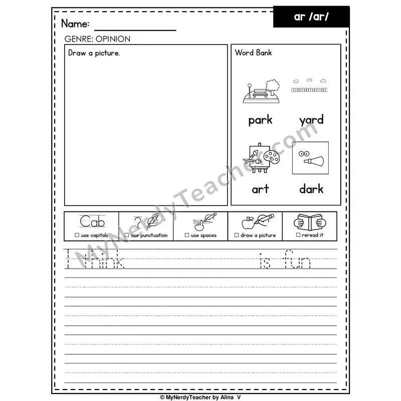 R-Controlled Vowel AR Writing Worksheet — Opinion Writing Prompt