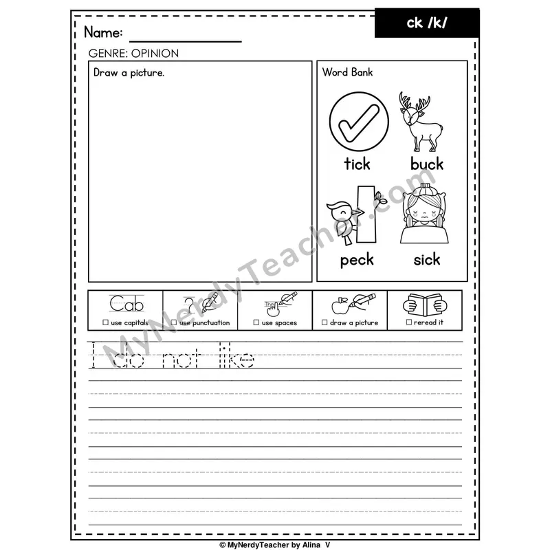 Digraph CK Writing Worksheet — Opinion Writing Prompt