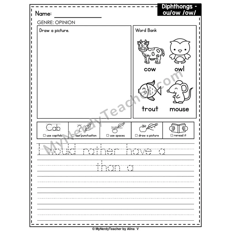 Diphthongs OU and OW Writing Worksheet — Opinion Writing Prompt