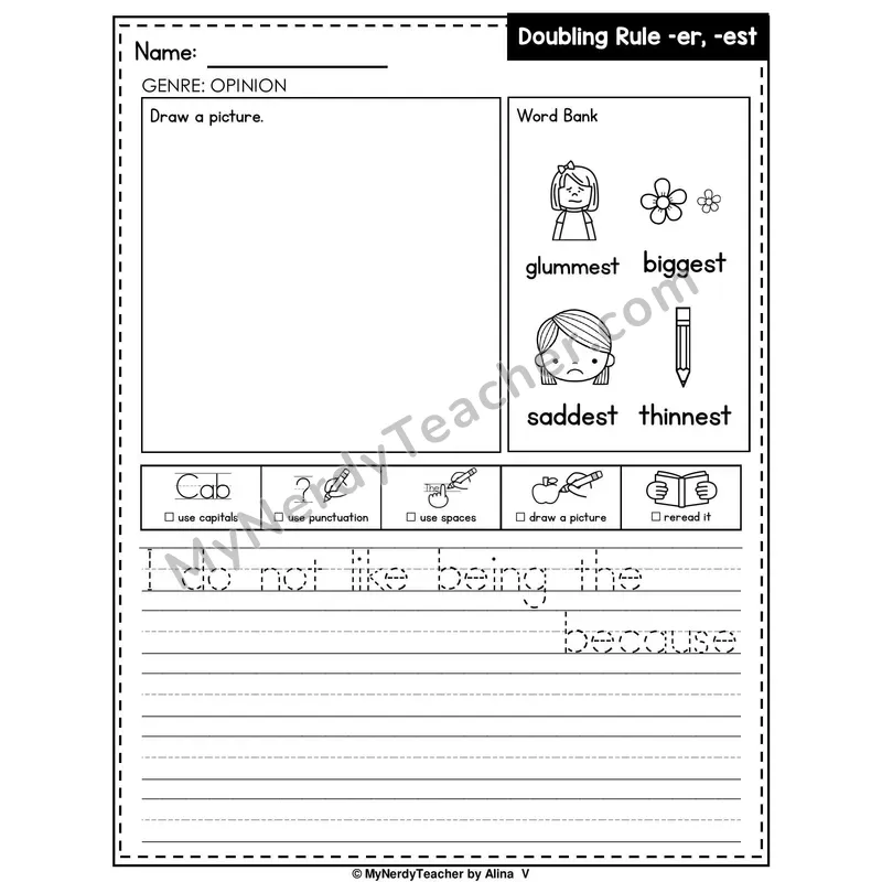 Doubling Rule (-er, -est) Writing Worksheet — Opinion Writing Prompt