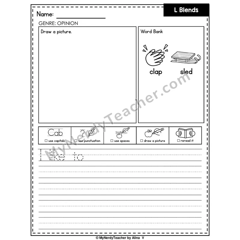 L Blends Writing Worksheet — Opinion Writing Prompt