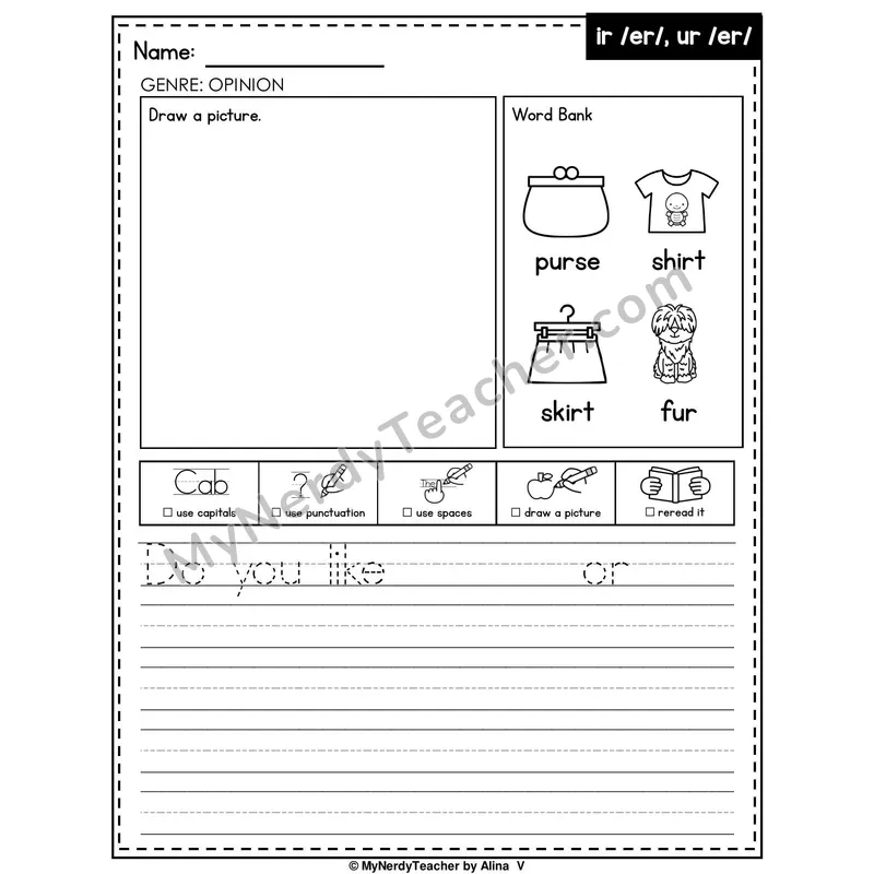 R-Controlled Vowels IR and UR Writing Worksheet — Opinion Writing Prompt