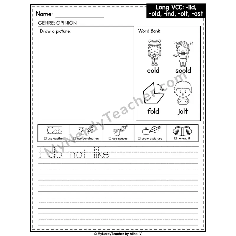 Long VCC Patterns (-ild, -old, -ind, -olt, -ost) Writing Worksheet — Opinion Writing Prompt