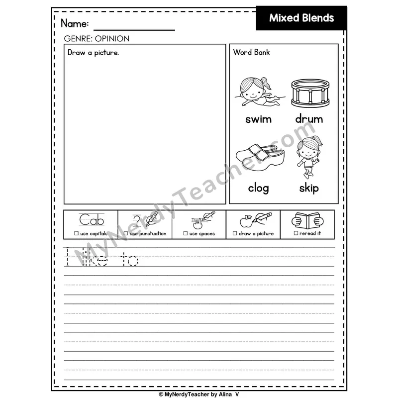 Mixed Beginning Blends Writing Worksheet — Opinion Writing Prompt
