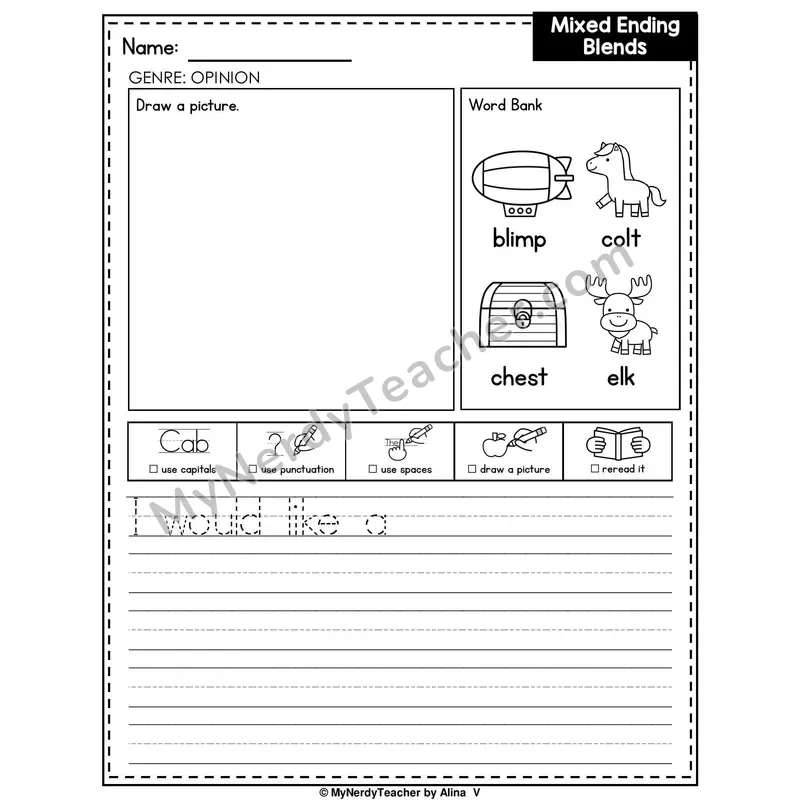 Mixed Ending Blends Writing Worksheet — Opinion Writing Prompt
