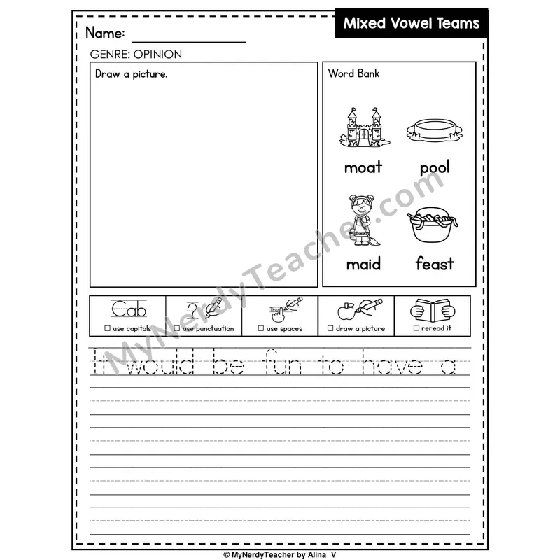 Mixed Vowel Teams Writing Worksheet — Opinion Writing Prompt