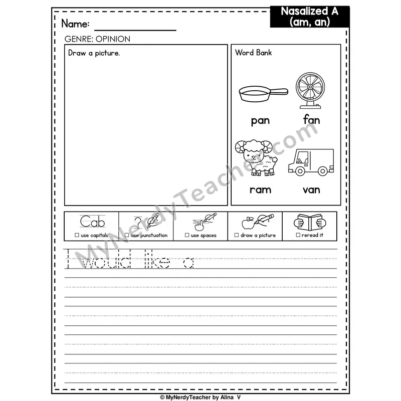 Nasalized A (am, an) Writing Worksheet — Opinion Writing Prompt