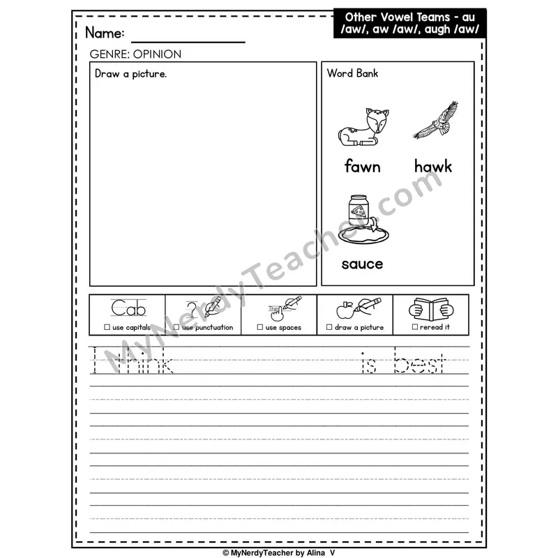 Vowel Teams AU, AW, AUGH Writing Worksheet — Opinion Writing Prompt