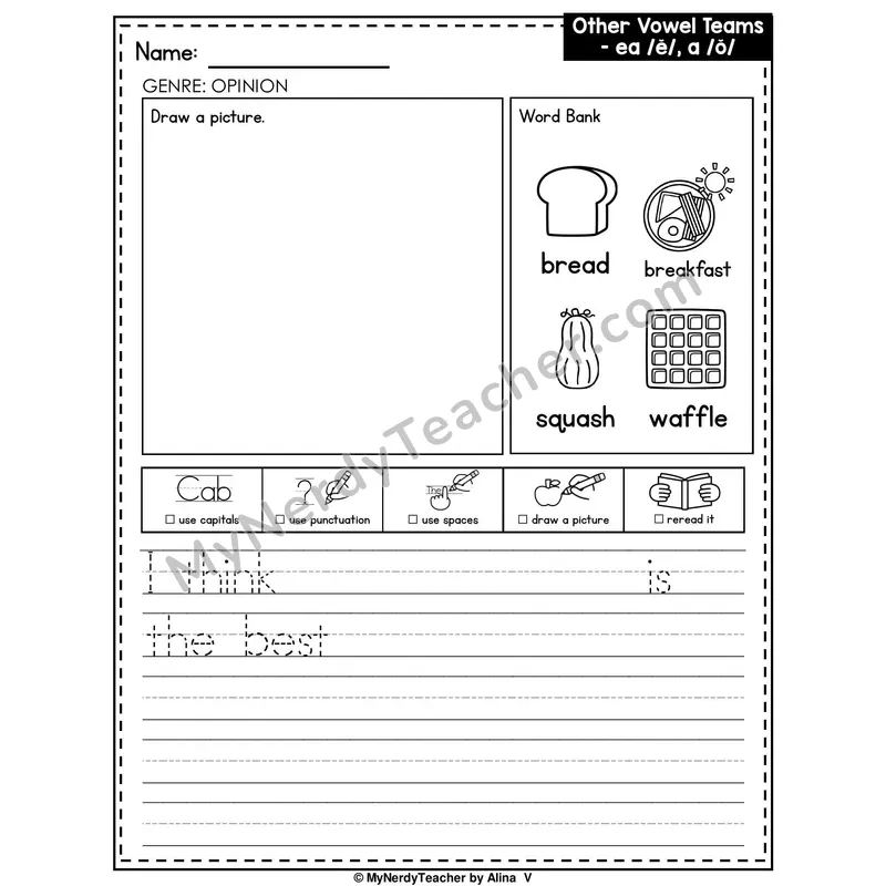 Vowel Team EA (Short E Sound) and A Writing Worksheet — Opinion Writing Prompt