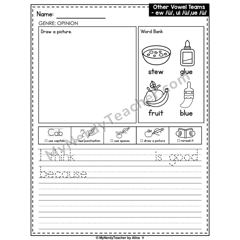 Vowel Teams EW, UI, UE Writing Worksheet — Opinion Writing Prompt