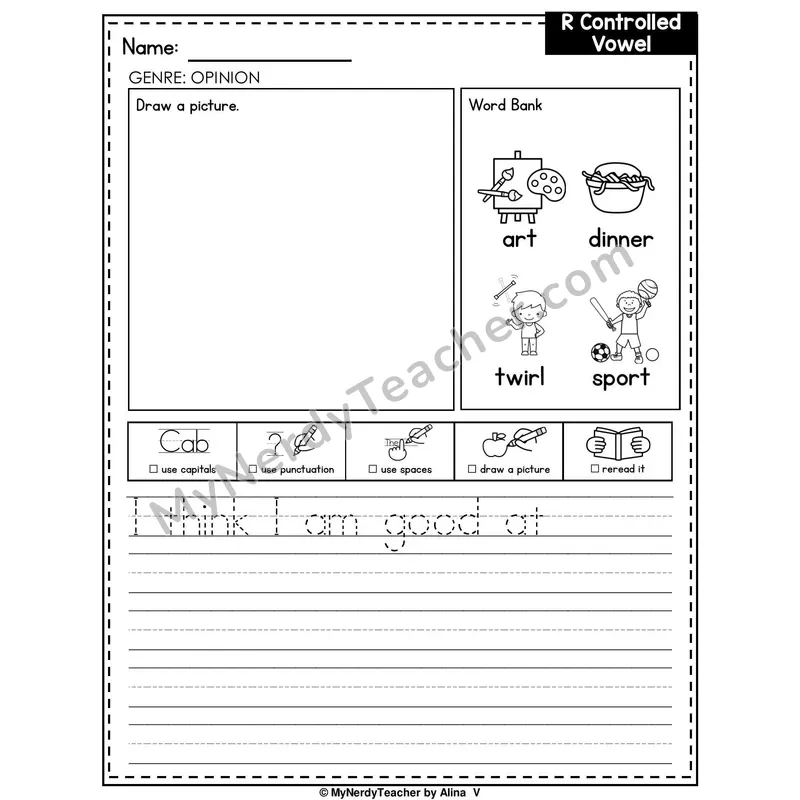 R-Controlled Vowels (Mixed Review) Writing Worksheet — Opinion Writing Prompt
