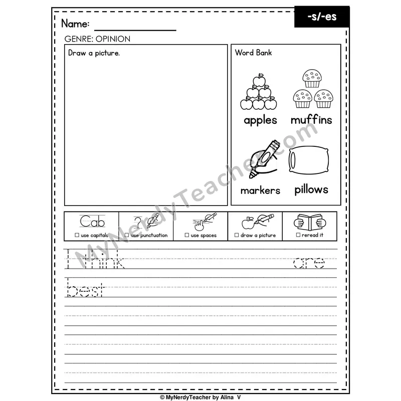 Suffixes -s and -es Writing Worksheet — Opinion Writing Prompt