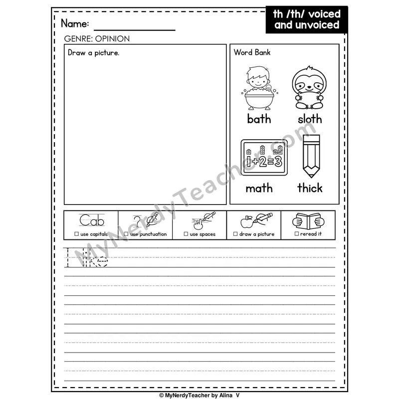 Digraph TH (Voiced and Unvoiced) Writing Worksheet — Opinion Writing Prompt