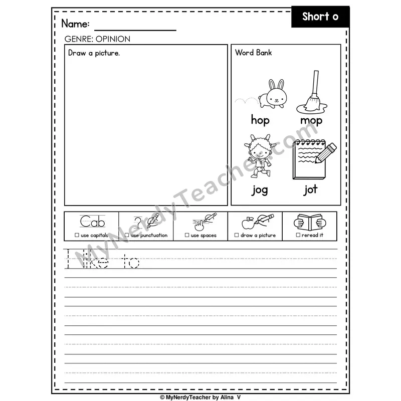 Short O Writing Worksheet — Opinion Writing Prompt