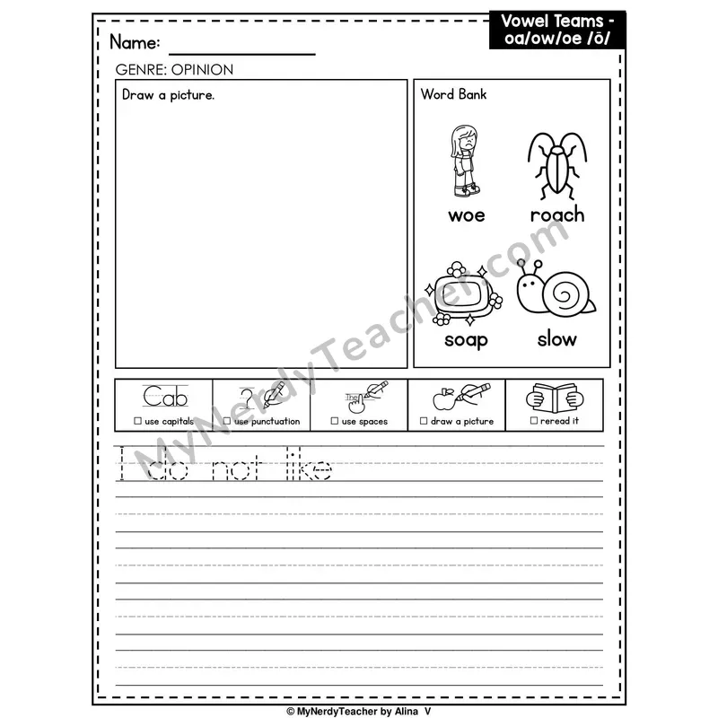 Vowel Teams OA, OW, OE Writing Worksheet — Opinion Writing Prompt