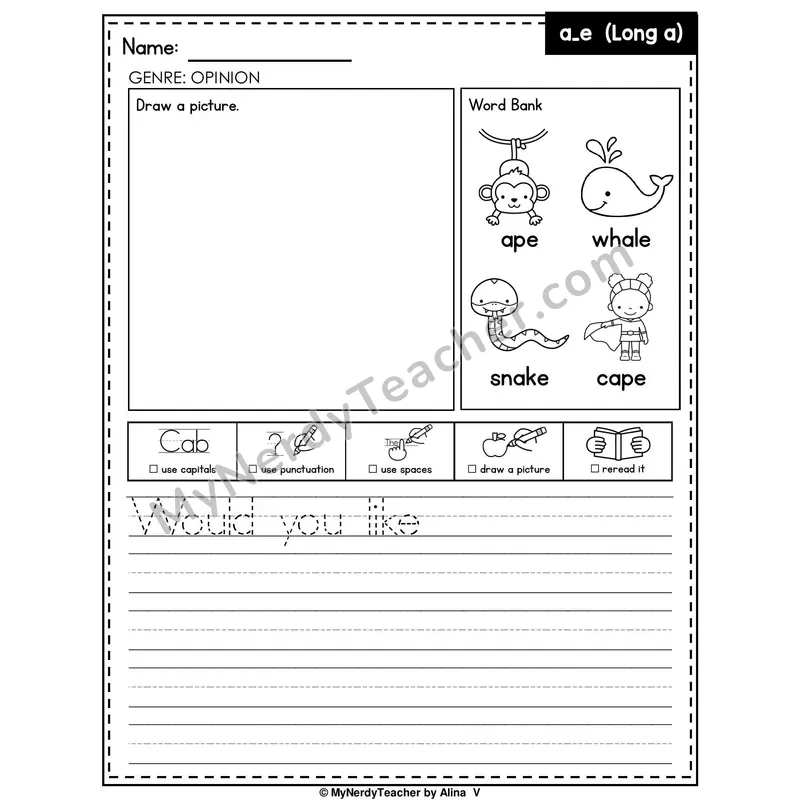 Long A (a_e Silent E) Writing Worksheet — Opinion Writing Prompt