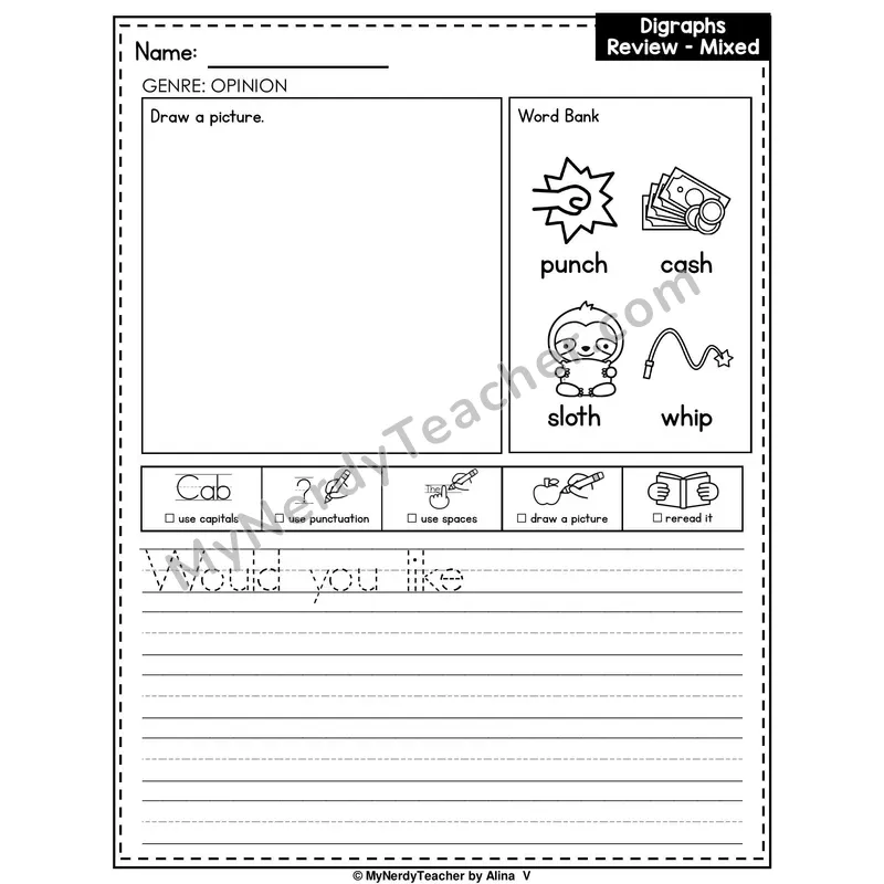 Digraphs Review (Mixed) Writing Worksheet — Opinion Writing Prompt