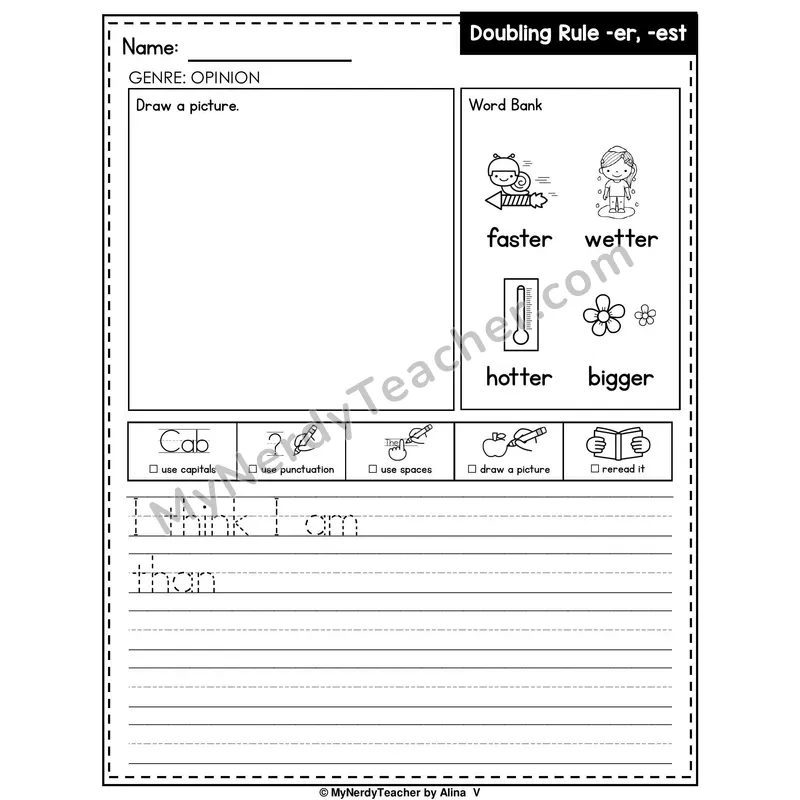 Doubling Rule (-er, -est) Writing Worksheet — Opinion Writing Prompt