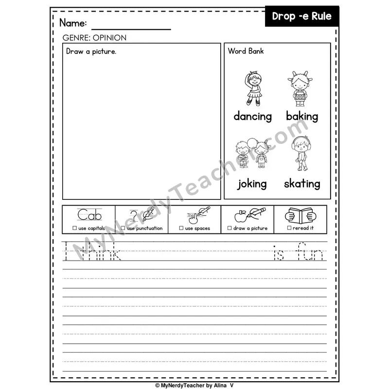 Drop-E Rule Writing Worksheet — Opinion Writing Prompt