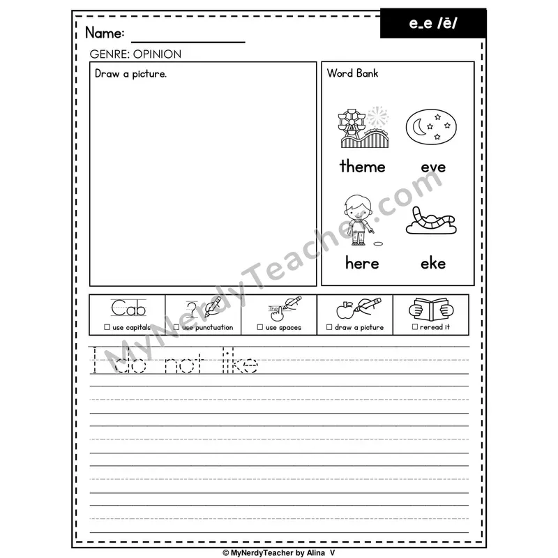 Long E (e_e Silent E) Writing Worksheet — Opinion Writing Prompt