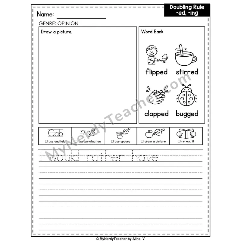 Doubling Rule (-ed, -ing) Writing Worksheet — Opinion Writing Prompt