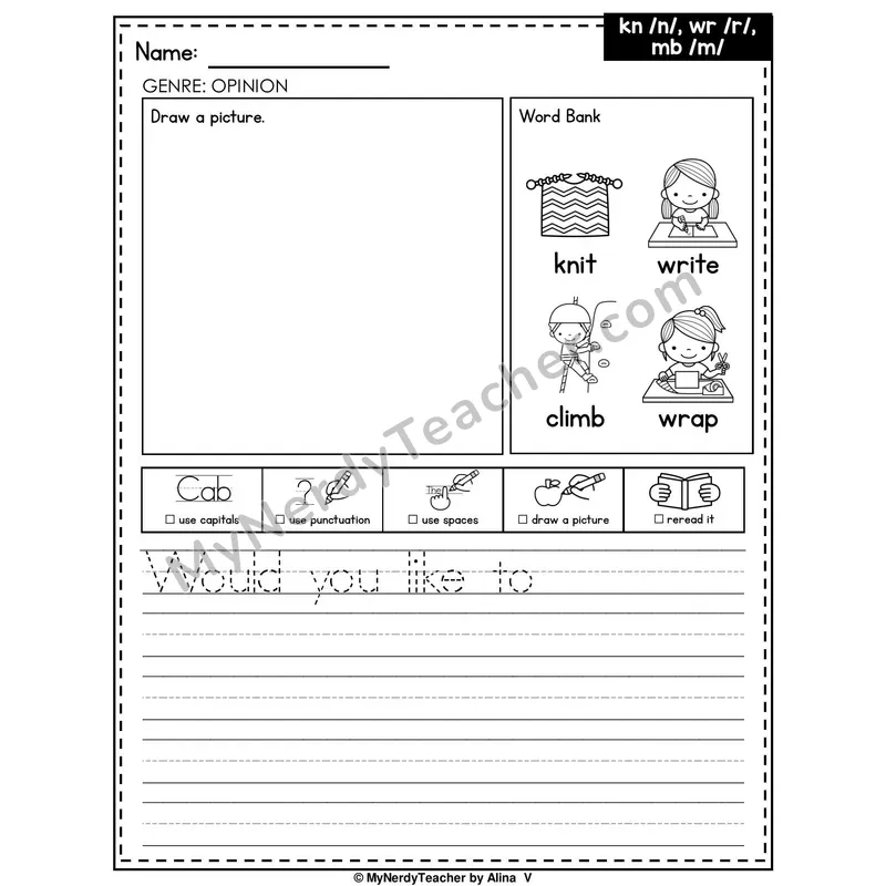 Silent Letters KN, WR, MB Writing Worksheet — Opinion Writing Prompt