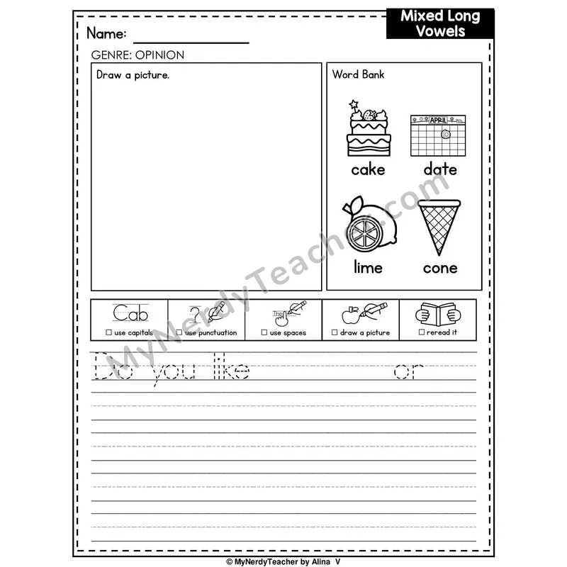 Long Vowels Review Writing Worksheet — Opinion Writing Prompt