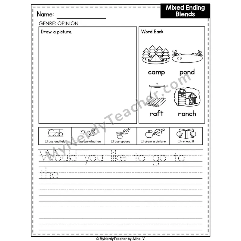 Mixed Ending Blends Writing Worksheet — Opinion Writing Prompt