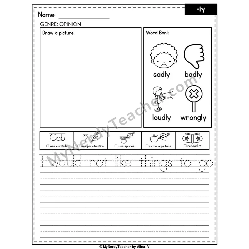 Suffix -ly Writing Worksheet — Opinion Writing Prompt