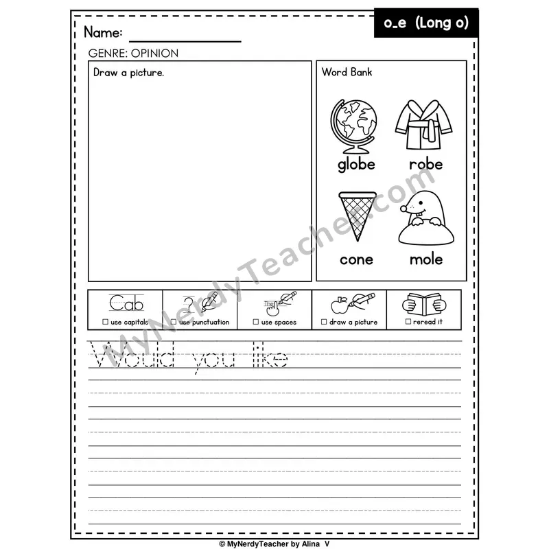 Long O (o_e Silent E) Writing Worksheet — Opinion Writing Prompt