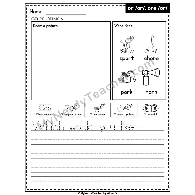R-Controlled Vowel OR (or, ore) Writing Worksheet — Opinion Writing Prompt