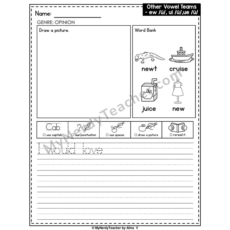 Vowel Teams EW, UI, UE Writing Worksheet — Opinion Writing Prompt