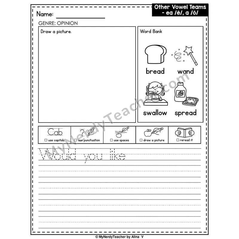 Vowel Team EA (Short E Sound) and A Writing Worksheet — Opinion Writing Prompt