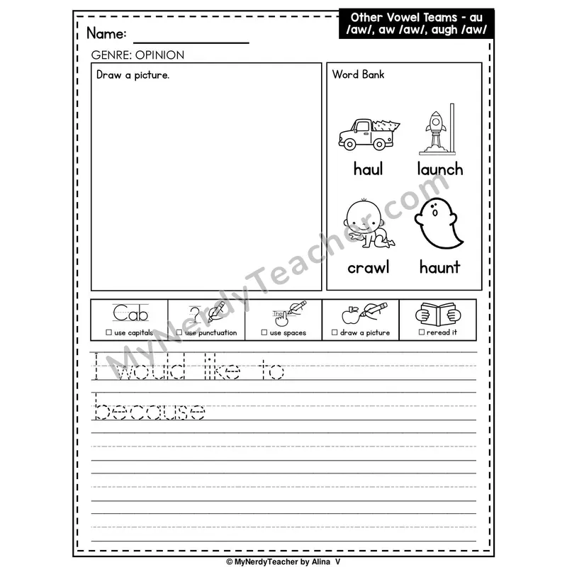 Vowel Teams AU, AW, AUGH Writing Worksheet — Opinion Writing Prompt