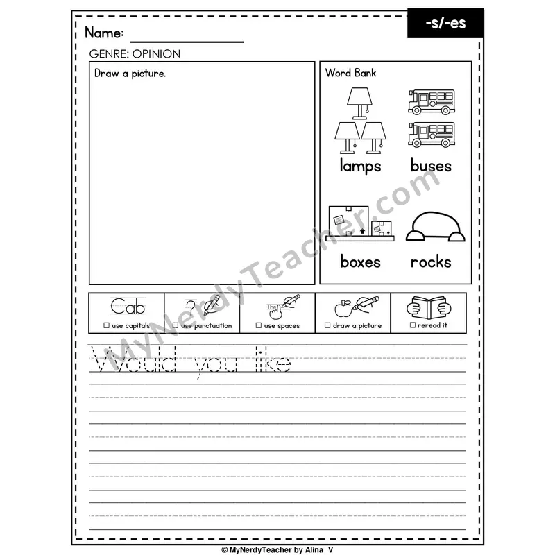 Suffixes -s and -es Writing Worksheet — Opinion Writing Prompt