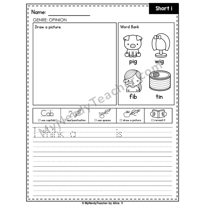 Short I Writing Worksheet — Opinion Writing Prompt