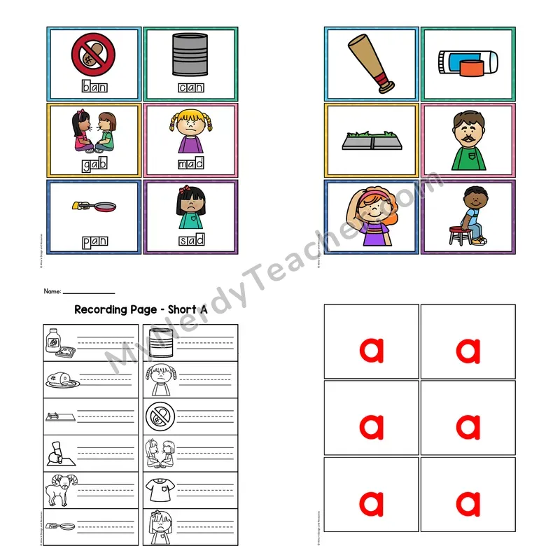Short A Pocket Chart CVC Words — Picture Cards and Recording Page