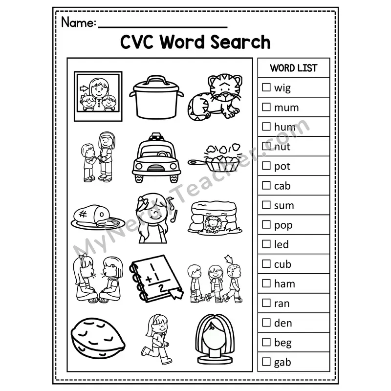 Mixed Short Vowels CVC I Spy Picture Hunt Worksheet — Set 19