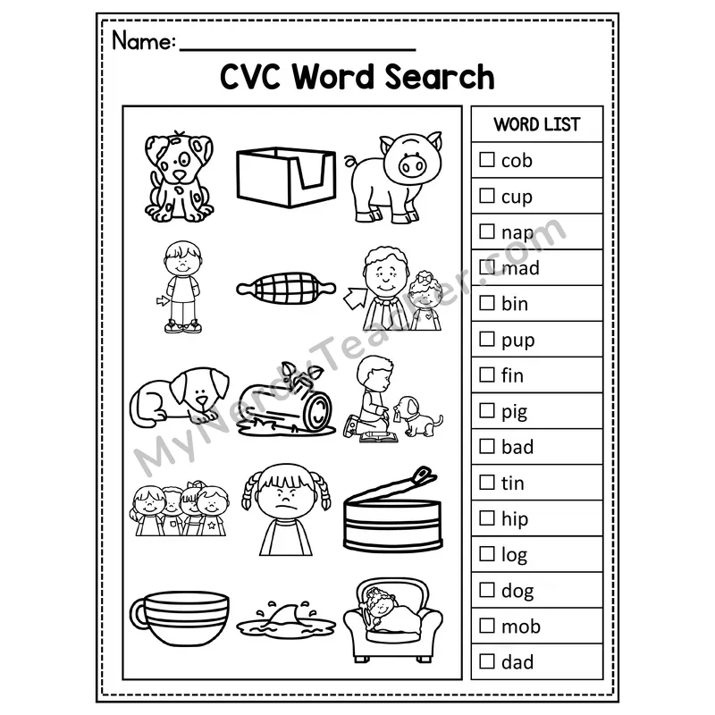 Mixed Short Vowels CVC I Spy Picture Hunt Worksheet — Set 15