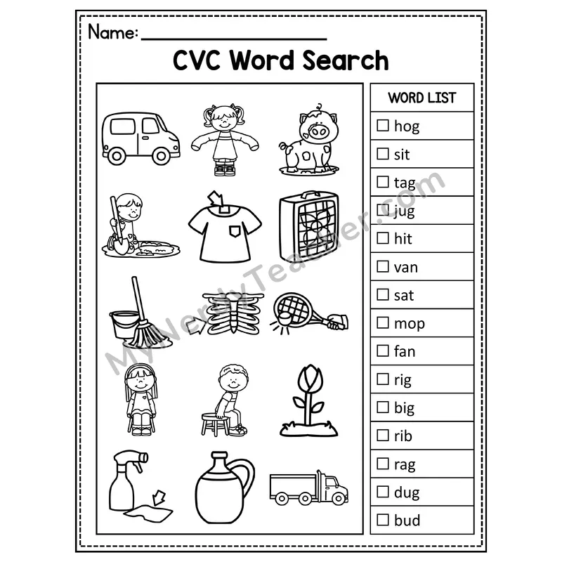 Mixed Short Vowels CVC I Spy Picture Hunt Worksheet — Set 12