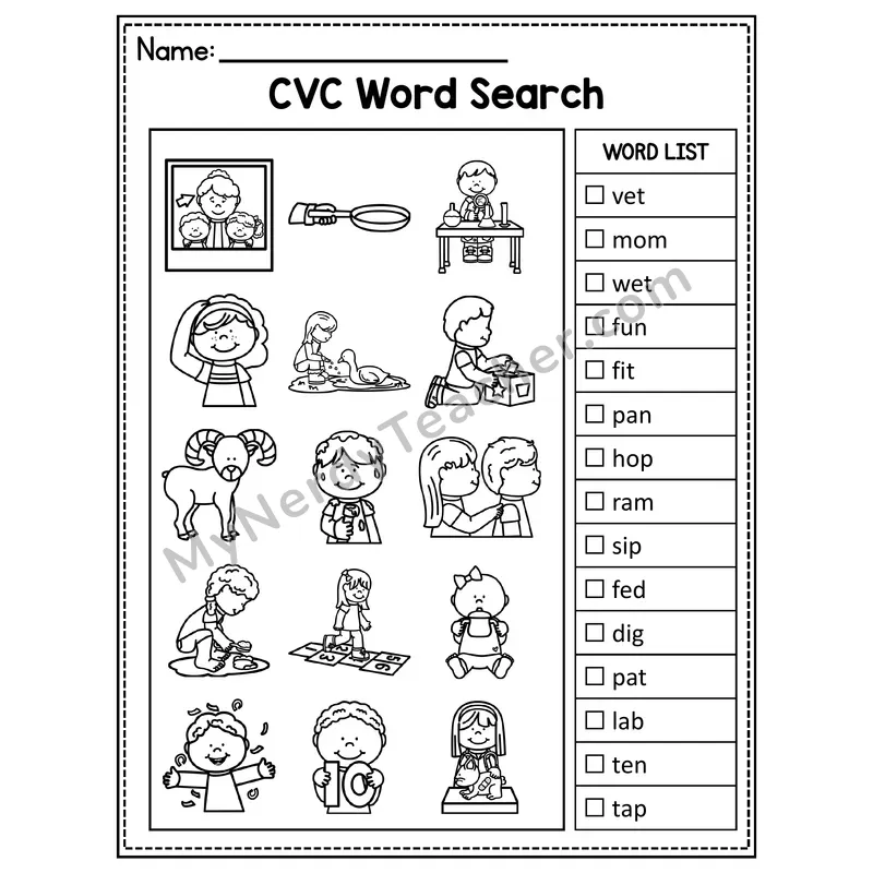 Mixed Short Vowels CVC I Spy Picture Hunt Worksheet — Set 14