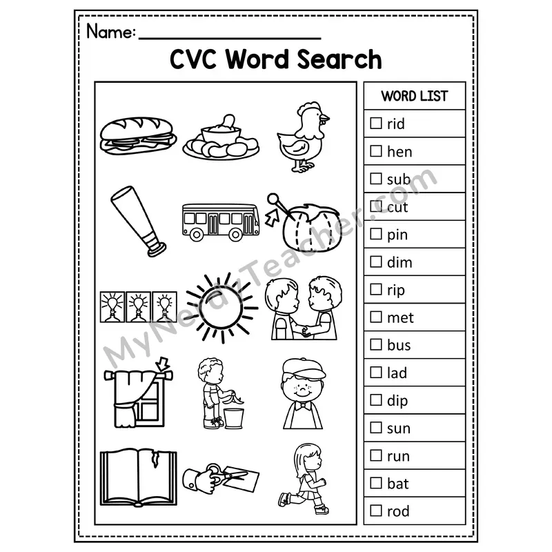 Mixed Short Vowels CVC I Spy Picture Hunt Worksheet — Set 16