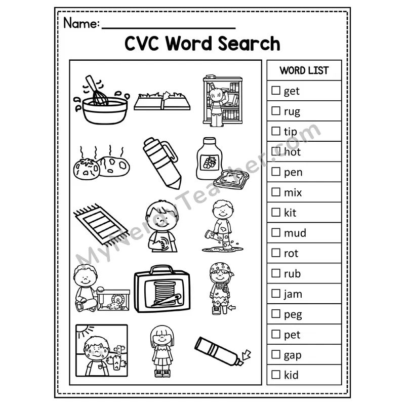 Mixed Short Vowels CVC I Spy Picture Hunt Worksheet — Set 13