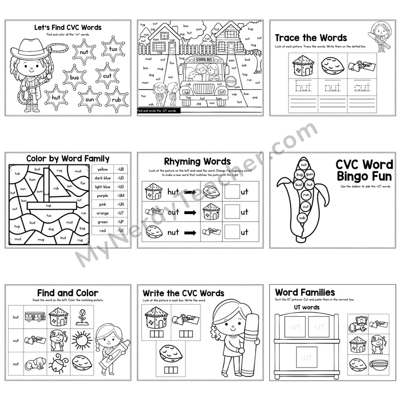 Short U UT Word Family Activity Pack — 9 Printable Worksheets