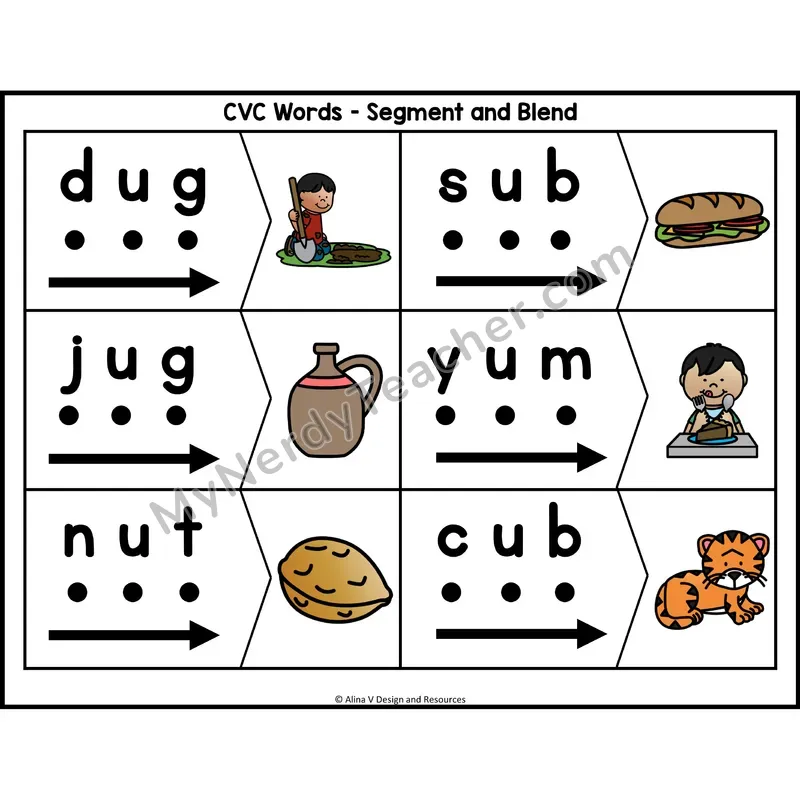 Short U CVC Words Segment and Blend Cards — Phoneme Dots