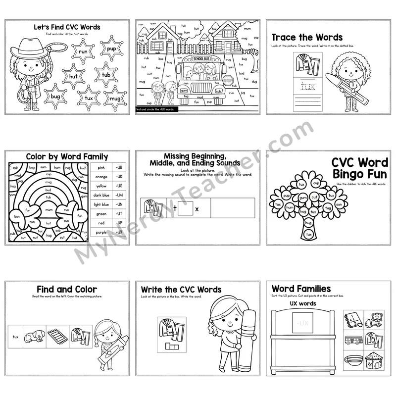 Short U UX Word Family Activity Pack — 9 Printable Worksheets